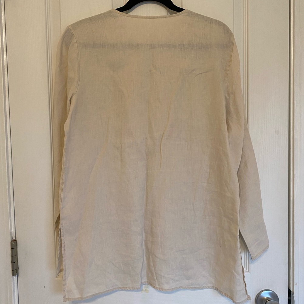 100% Linen Embroidered High LowTunic Top Size Medium Long Sleeve - Picture 7 of 9